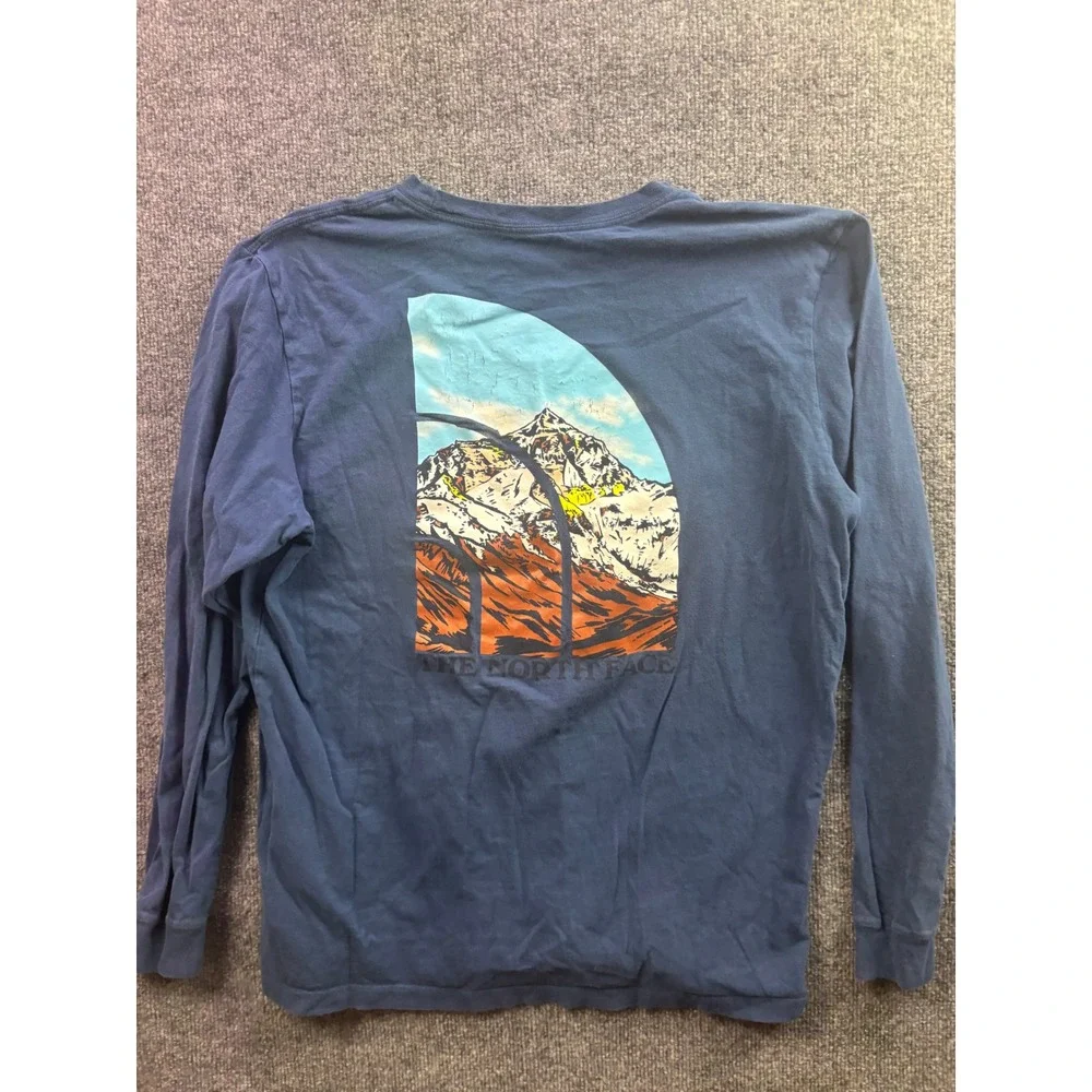 The North Face Long Sleeve Shirt Mens Large Blue Mountain Graphic Tee 67065